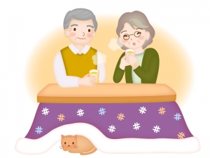 おじいちゃんとおばあちゃんがこたつでお茶を飲んでいるイラスト イラスト無料 かわいいテンプレート