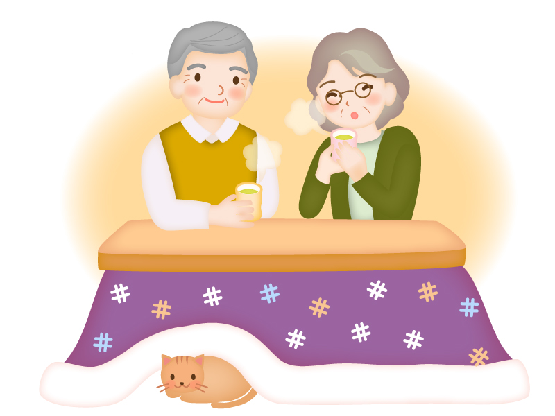 おじいちゃんとおばあちゃんがこたつでお茶を飲んでいるイラスト