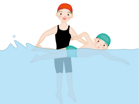 水泳を教えているコーチと子供のイラスト素材