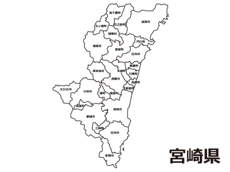 宮崎県（市町村別）の白地図のイラスト素材