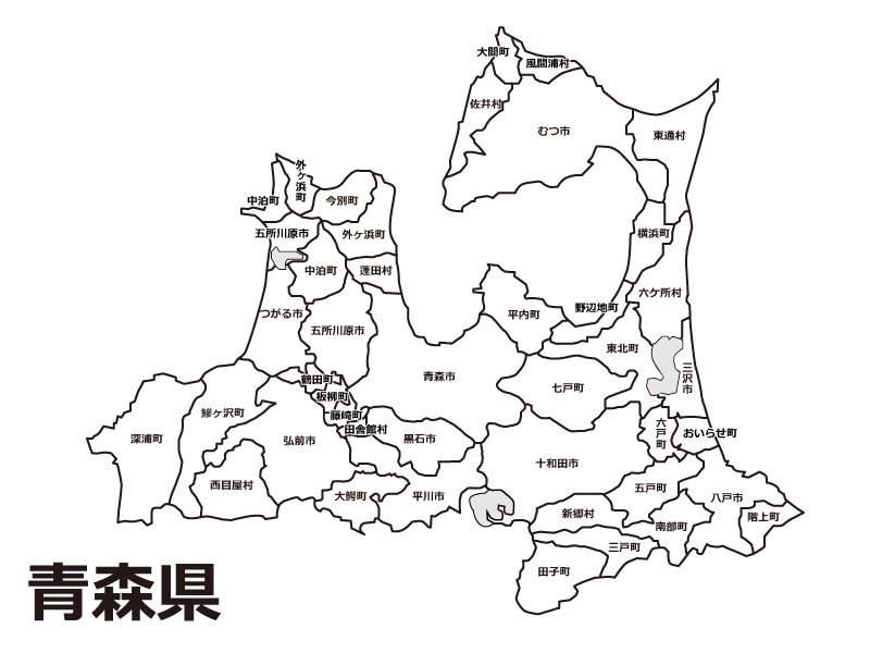 青森県（市町村別）の白地図のイラスト素材