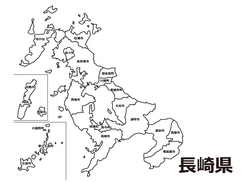 長崎県（市町村別）の白地図のイラスト素材