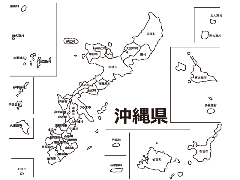 沖縄県（市町村別）の白地図のイラスト素材