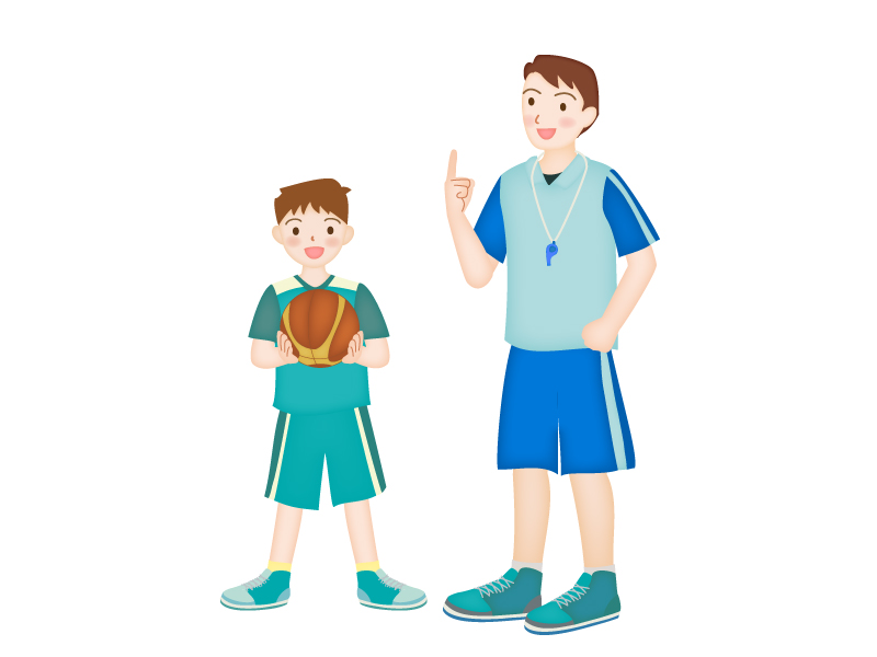 バスケットボールを教えているコーチと男の子のイラスト素材