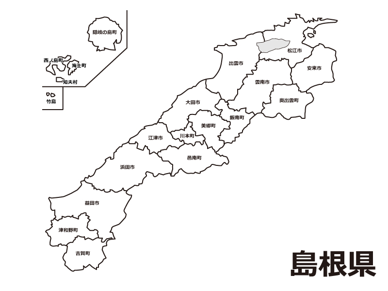 島根県（市町村別）の白地図のイラスト素材