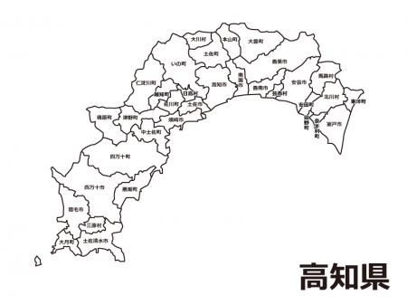 高知県（市町村別）の白地図のイラスト素材