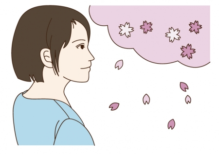 桜を見つめる女性のイラスト