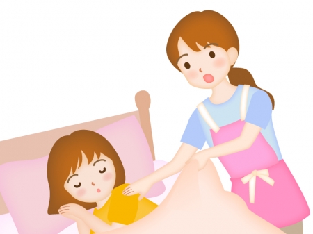 寝ている子どもを起こすお母さんのイラスト