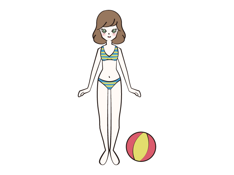 水着の女性とビーチボールのイラスト