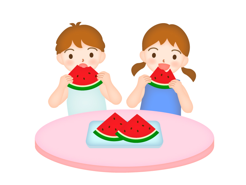 スイカを食べる男の子と女の子のイラスト イラスト無料 かわいいテンプレート