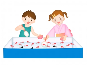 縁日の金魚すくいをする男の子と女の子のイラスト イラスト無料