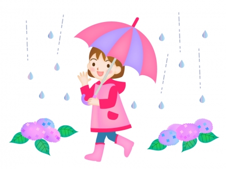 雨の中で傘をさす女の子のイラスト