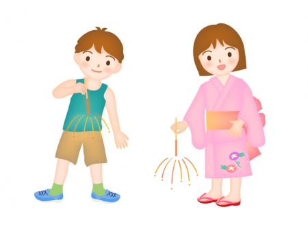 手持ち花火をする男の子と女の子のイラスト