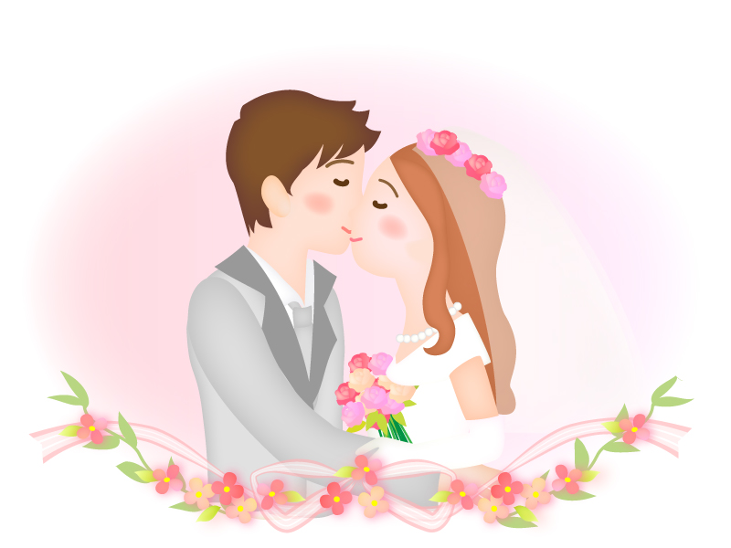 キスをする新郎新婦のイラスト