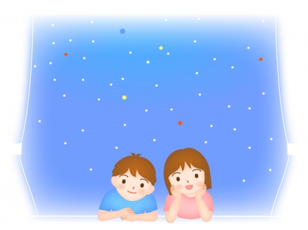 窓から星空を見上げる男の子と女の子のイラスト