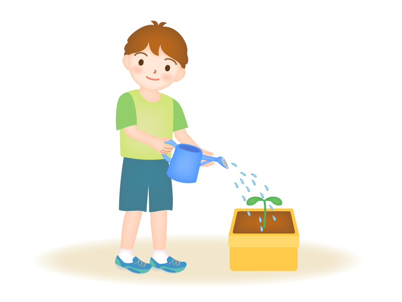 野菜や植物の双葉の水やりをする男の子のイラスト