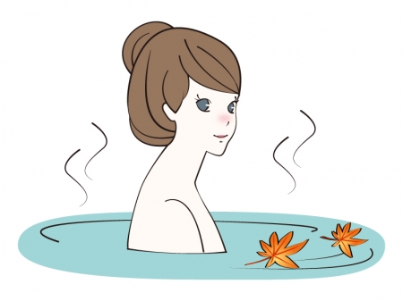 紅葉が浮かぶ温泉につかる女性のイラスト