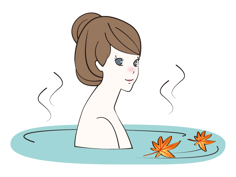 紅葉が浮かぶ温泉につかる女性のイラスト イラスト無料 かわいいテンプレート