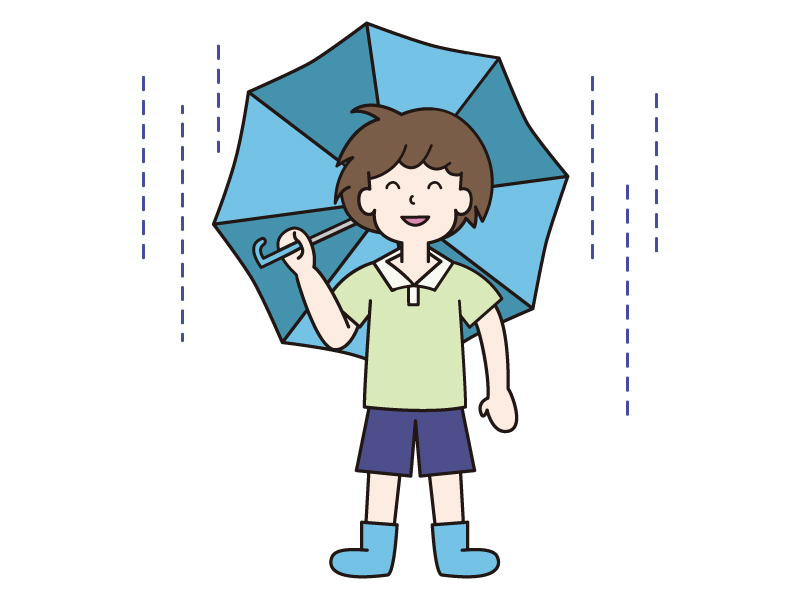 雨の中で青い傘を差す男の子のイラスト