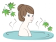緑のもみじと温泉につかる女性のイラスト