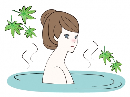 緑のもみじと温泉につかる女性のイラスト
