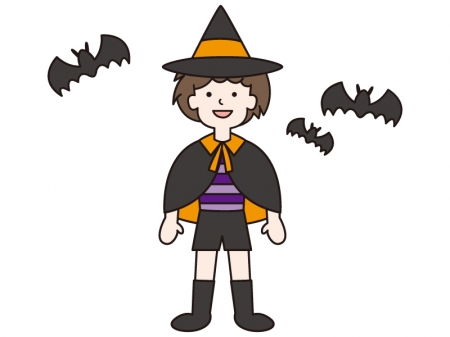 ハロウィンで仮装をする男の子とコウモリのイラスト