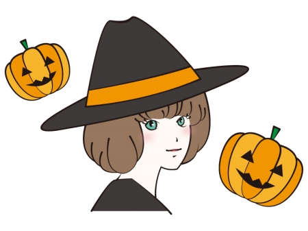 魔女の帽子を被った女性とかぼちゃのハロウィンイラスト