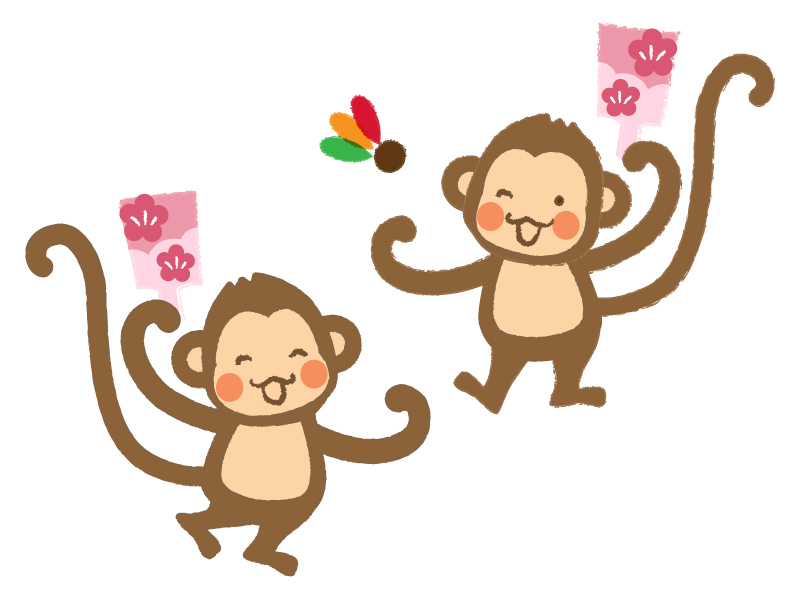 羽根つきをする２匹のお猿さんのイラスト