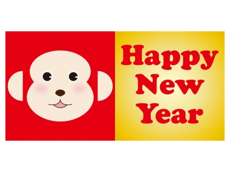 赤と金色のお猿の顔と「Happy New Year」の年賀イラスト