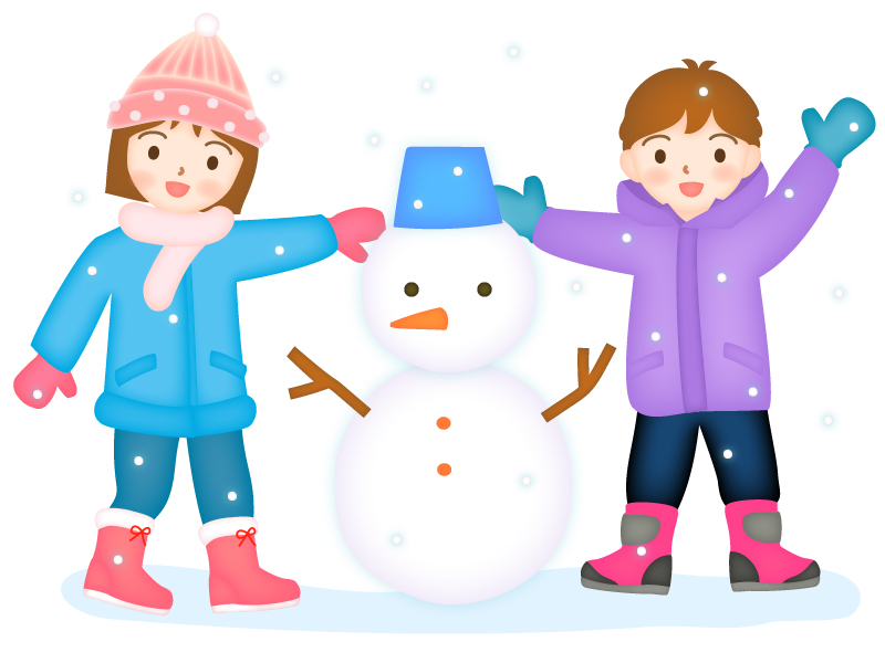 雪だるまを作る子供達のイラスト