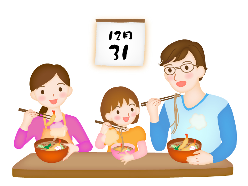 年越しそばを食べる親子のイラスト