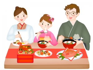おせち料理を食べている家族のイラスト イラスト無料 かわいいテンプレート