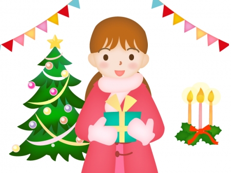 クリスマスプレゼントを持っている女性のイラスト