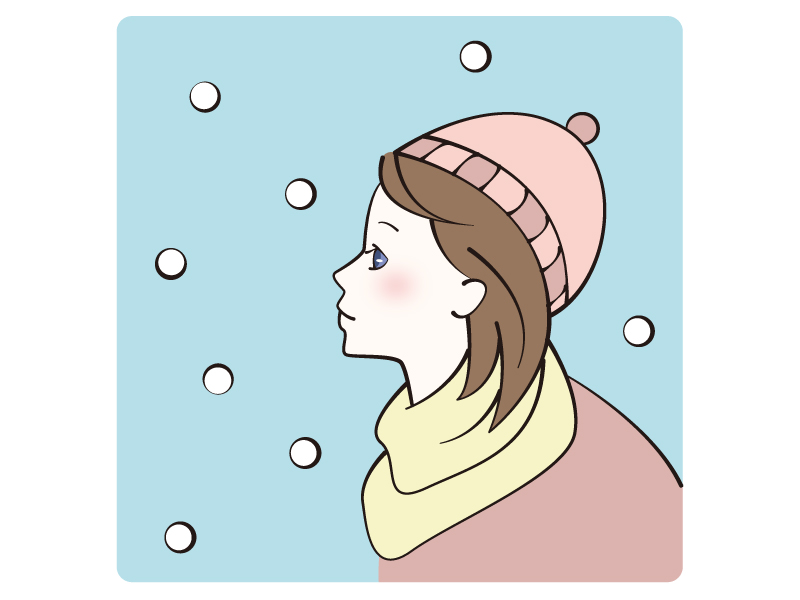 降る雪を見つめている女性のイラスト