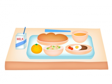 パン食の牛乳付き学校給食のイラスト