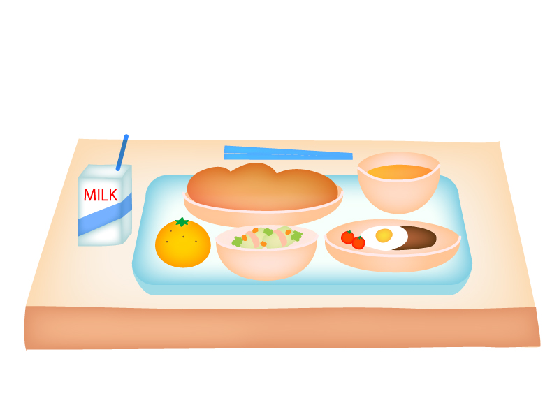 パン食の牛乳付き学校給食のイラスト