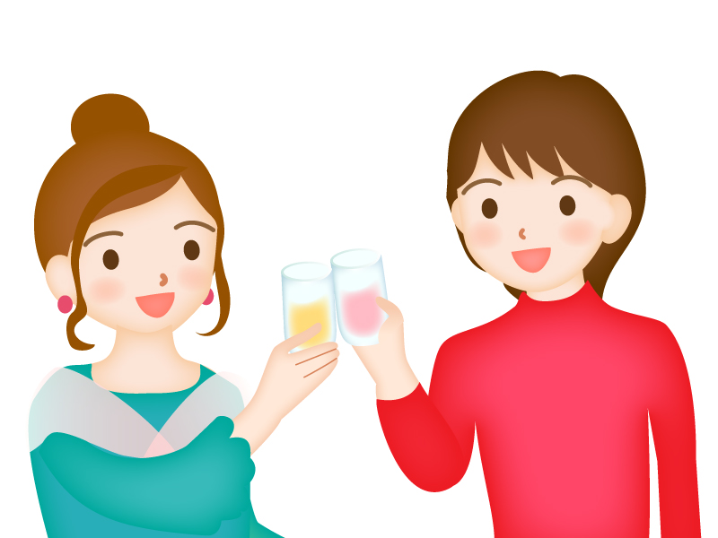 女性がグラスで乾杯しているシーンのイラスト