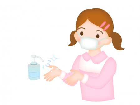 マスクをして手洗い・アルコール消毒をしている女の子のイラスト