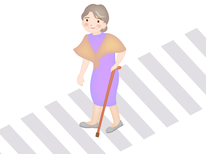 杖をついて横断歩道を渡るお年寄りのイラスト