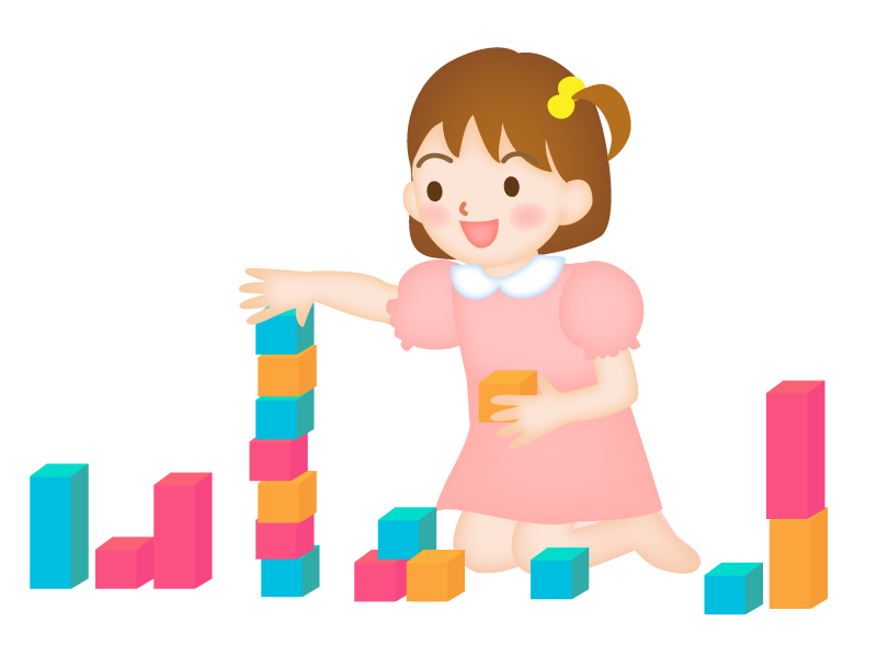 積み木をして遊ぶ女の子の幼児のイラスト