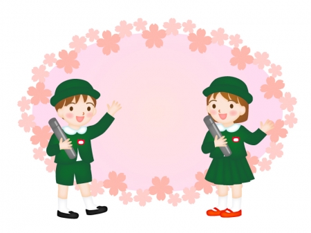 桜と園児の卒園式のフレーム・枠のイラスト