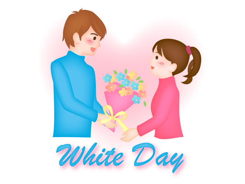 ホワイトデー・花束を送る男性と受け取る女性のイラスト