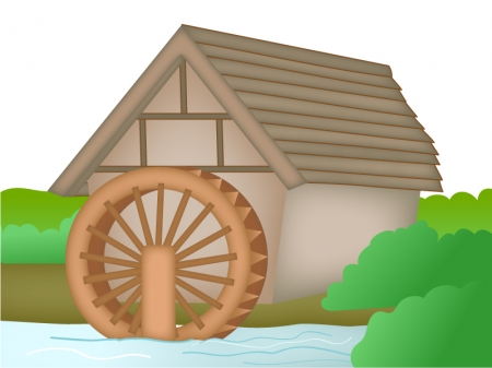 田舎の水車がある風景のイラスト