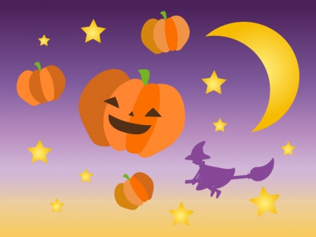 夜空の中のハロウィン・かぼちゃと魔女のイラスト