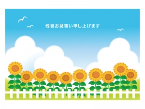 ひまわり畑と入道雲の残暑見舞いテンプレートイラスト イラスト無料