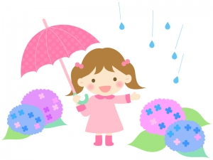 ピンクの傘をさす女の子と紫陽花のイラスト イラスト無料 かわいいテンプレート