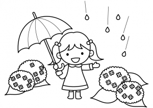 傘をさす女の子と紫陽花のぬりえ 線画 イラスト素材 イラスト無料 かわいいテンプレート