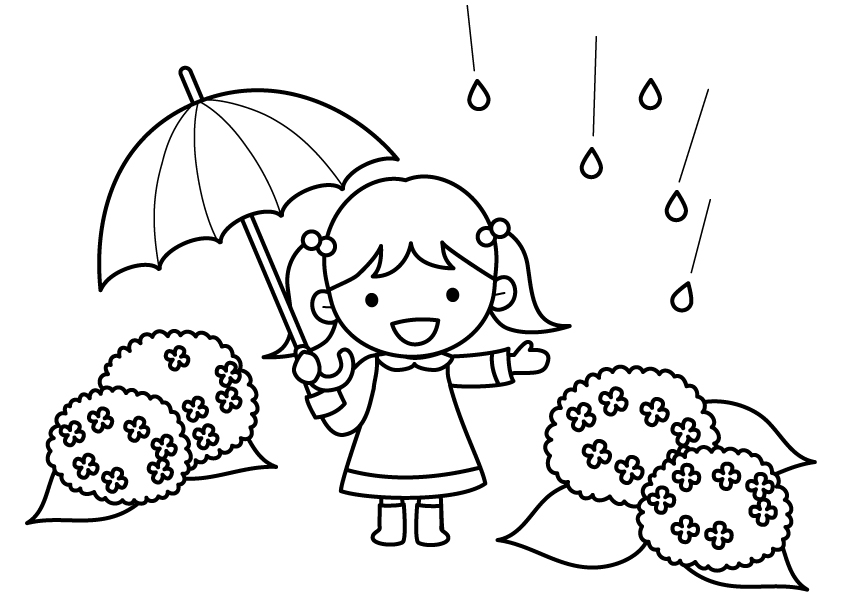 ピンクの傘をさす女の子と紫陽花のぬりえ（線画）イラスト素材