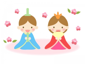 梅の花とお内裏様とお雛さまの雛祭りのイラスト