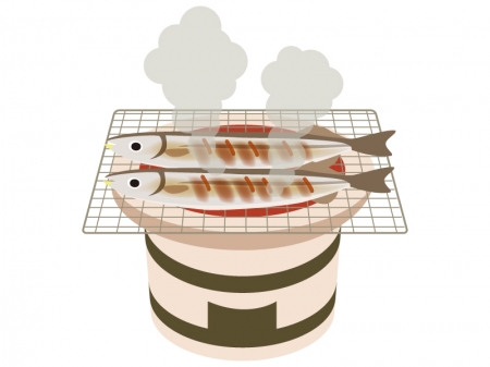 焼きサンマ（秋刀魚）と七輪のイラスト